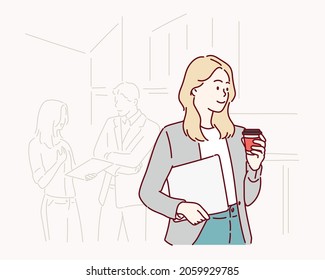 Beautiful Woman Going To Work With Coffee Walking Near Office Building. Hand drawn style vector design illustrations.