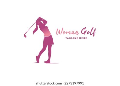 Beautiful woman golf sport logo design, silhouette vector illustration of woman playing golf