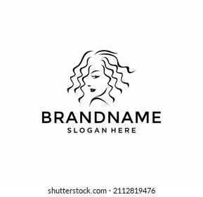 Beautiful woman with gorgeous hair curls - salon hairstyle portrait white vector outline black - logo design