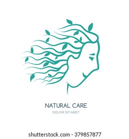 Beautiful woman with green leaves in hair. Vector logo, label design element. Concept for beauty salon, natural and organic cosmetics, cosmetology procedures, massage and spa. Hand drawn illustration
