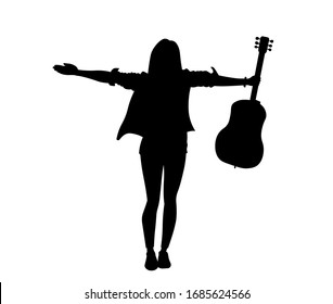 Beautiful woman with guitar silhouette vector illustration. Young girl isolated on white background.