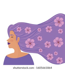 beautiful woman with hair purple and flowers vector illustration design