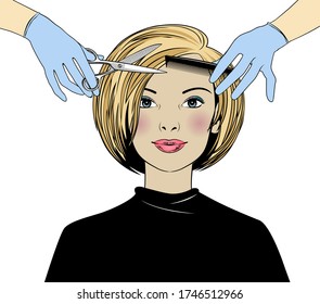 Beautiful woman in a hair salon. Hairdressers and beauty salons are open. Hair care at home. Vector illustration.