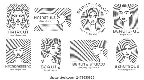 Beautiful woman hairdo emblem. Beauty studio and elegant hairstyle badge branding template with female face vector illustration set