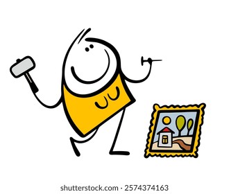 Beautiful woman hammers a nail into a wall. Vector illustration of a girl banging with a hammer, wants to hang an antique painting. Isolated female cartoon character on white background.