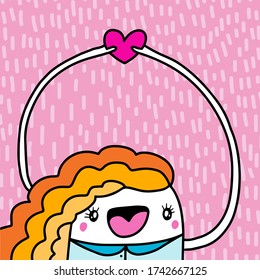 Beautiful woman hand drawn vector illustration in cartoon doodle style frame textured background pink