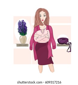 Beautiful woman with handbag and lavender bouquet. Vector illustration.