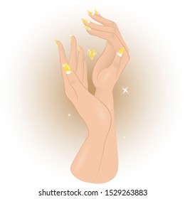 Beautiful woman hands with elegant, gold nail polish manicure. Vector illustration