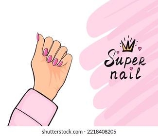 Beautiful woman hands with elegant nail polish manicure. Super nails. Vector Illustration for backgrounds and packaging. Image can be used for greeting cards, posters. Isolated on white background.