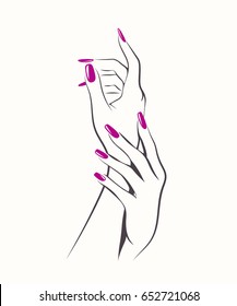Beautiful woman hands with elegant, purple nail polish manicure.Vector icon.