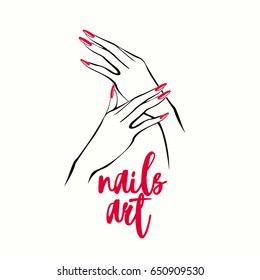 Beautiful woman hands with elegant, red nail polish manicure.Vector art.