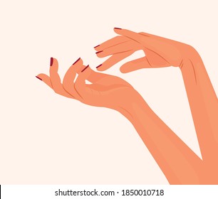 Beautiful Woman Hands. Female Hands Applying Cream, massaging. Spa and Manicure concept. Female hands with manicure. Soft skin, skincare concept. Hand Skin Care. vector illustration