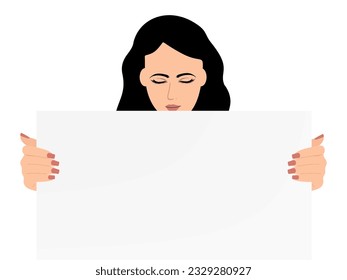 Beautiful woman hands holding paper blank. Teenager showing poster, empty paper sheet with text copy space. Protesting female, activist, political meeting. Flat vector illustration