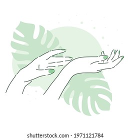 Beautiful woman hands with tropical leaves on background. Soft skin, manicure. Aesthetic line art.