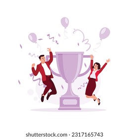 Beautiful woman and a handsome man jumping happily, celebrating victory against big trophy background. Trend Modern vector flat illustration.