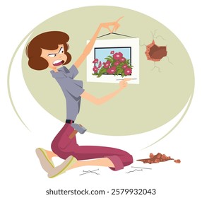 Beautiful woman hangs picture flowers. Funny people. Illustration concept template for website, web landing page, banner, presentation, social, poster, promotion or print media.