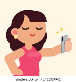 Beautiful woman happy smiling taking selfie with smartphone, vector flat illustration.