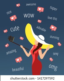 Beautiful woman in hat and dress taking selfie with selfie-stick. Likes and comments on the background. Teenagers, technology, social network concept. Perfect for Poster, banner. postcard, cover.