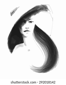 Beautiful woman in a hat. Fashion black & white illustration in sketchy style. Vector.
