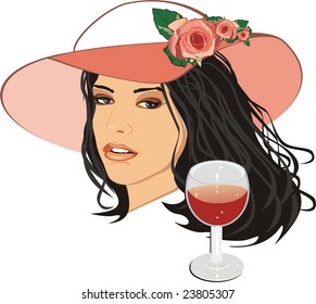 Beautiful woman in a hat with glass of wine. Vector