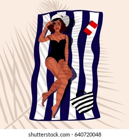 Beautiful woman in hat lying on the beach towel. Young attractive girl  in elegant black swimsuit relaxing on tropical beach and leaf shadow cover her. Tanned lady, vogue style. Vector illustration