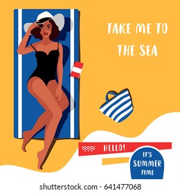 Beautiful woman in hat lying on the beach towel. Young attractive girl  in elegant black swimsuit relaxing on the beach. Summer vacation concept, tanned lady, vogue style. Character design. Vector