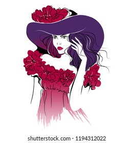 Beautiful woman in hat, print, isolated vector illustration.