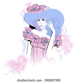 Beautiful woman in hat, print, vector illustration. 