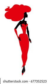 Beautiful Woman In A Hat And A Red Dress. Femme Fatale Silhouette Vector Illustration. 