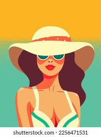 Beautiful woman in a hat. Retro style. In summer. Vector