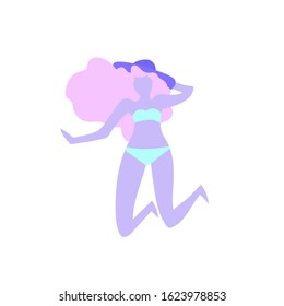 Beautiful Woman in Hat and Swimming Suit Sunbathing on the Beach. Body Positive Girl Concept and Summer Vacation Cartoon Vector Illustration. Plus Size Woman in Swimwear Sitting on the Sand.