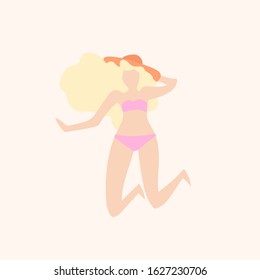 Beautiful Woman in Hat and Swimming Suit Sunbathing on the Beach. Body Positive Girl Concept and Summer Vacation Cartoon Vector Illustration. Plus Size Woman in Swimwear Sitting on the Sand.