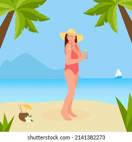 A beautiful woman in a hat and swimsuit applies sunscreen on her shoulder. Girl on the beach with sunscreen in her hand. Vector illustration