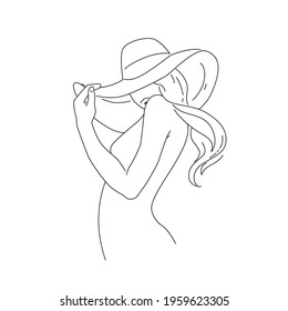 Beautiful woman in hat, vector drawing in simple minimal line art style. Female outline shape. Pretty lady illustration for summer vacation, travel concept, beach design, wellness