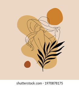 Beautiful woman in hat, vector illustration in simple minimal line art style. Female face on palm leaf, geo shapes background. Pretty lady portrait concept for summer vacation, travel, beach design