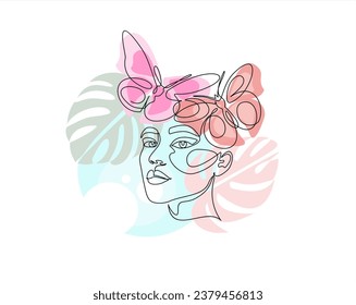 Beautiful woman head with butterfly . Abstract composition hand draw continuous line. Hand-drawn vector line-art illustration. One Line style drawing.