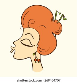 beautiful woman head, cartoon kissing girl profile, isolated colorful design element