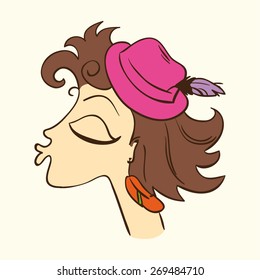 beautiful woman head, cartoon kissing girl profile, isolated colorful design element