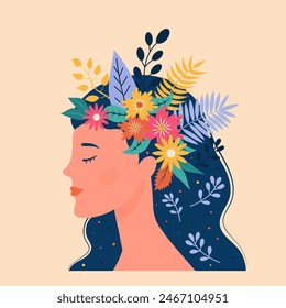 Beautiful woman head with plants and flowers. World Mental Health Day. 