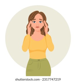 Hermosa mujer con dolor de cabeza, migraña. El concepto de medicina y salud. Ilustración plana, vector	
