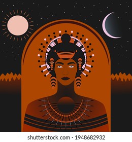 beautiful woman in a headdress. vector queen. sun and moon symbols.