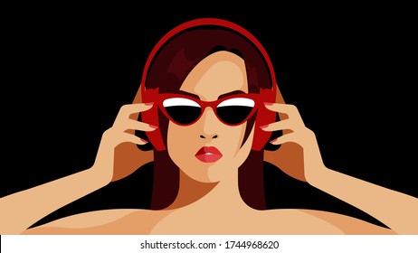 Beautiful woman in headphones. Bright beauty are listening music in earphones. Music, radio, podcast concept. Female portrait on black background. Modern vector illustration.