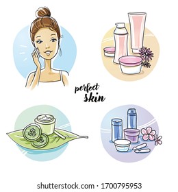 Beautiful woman with healthy skin and different cream product icons. Hand drawn cartoon sketch vector illustration, marker style coloring, isolated. 