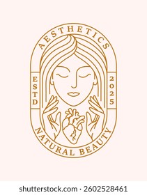 beautiful woman and heart line art with oval badge