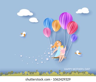 Beautiful woman with her baby. Happy mothers day card. Paper cut style. Vector illustration