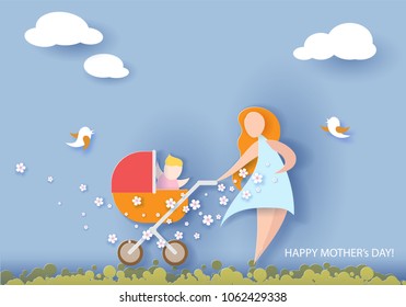 Beautiful woman with her baby. Happy mothers day card. Paper cut style. Vector illustration