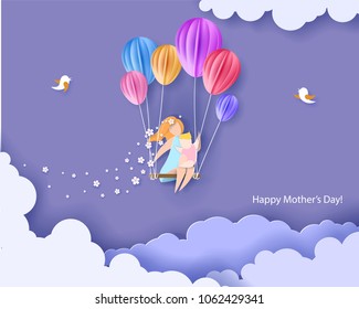 Beautiful woman with her baby. Happy mothers day card. Paper cut style. Vector illustration