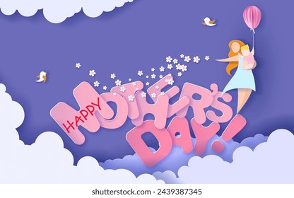 Beautiful woman with her baby. Happy mothers day card. Paper cut style. Vector illustration