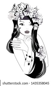 Beautiful woman with her cat. A beautiful girl's face decorated with flowers and butterflies. Vector illustration.