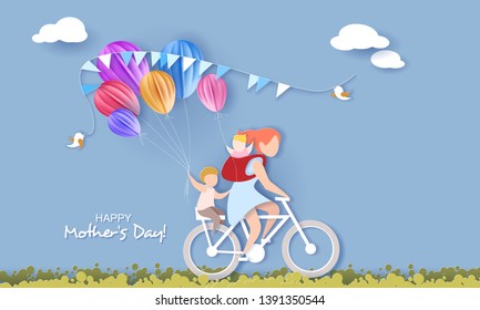 Beautiful woman with her children bicycling with air balloons. Happy mothers day card. Paper cut style. Vector illustration